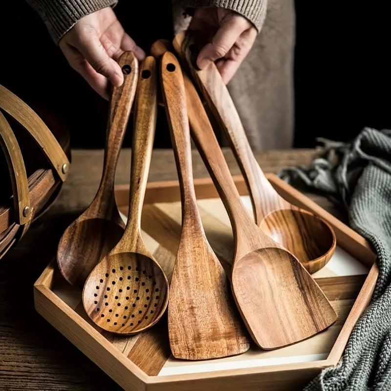 Teak Kitchen Utensil Set of 5 – Sustainable Wooden Cooking Tools with Ergonomic Handles
