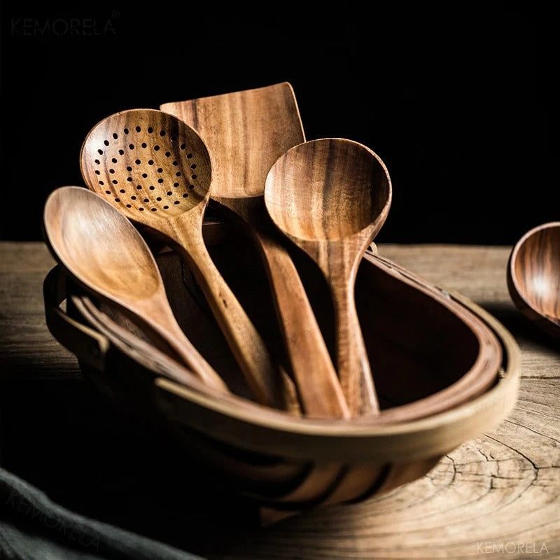 Teak Kitchen Utensil Set of 5 – Sustainable Wooden Cooking Tools with Ergonomic Handles