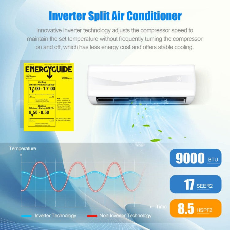 High-Efficiency 9000 BTU Ductless Mini Split – 17 SEER2 AC & Heater Combo | Space-Saving Cooling & Heating | Perfect for Home & Work Areas