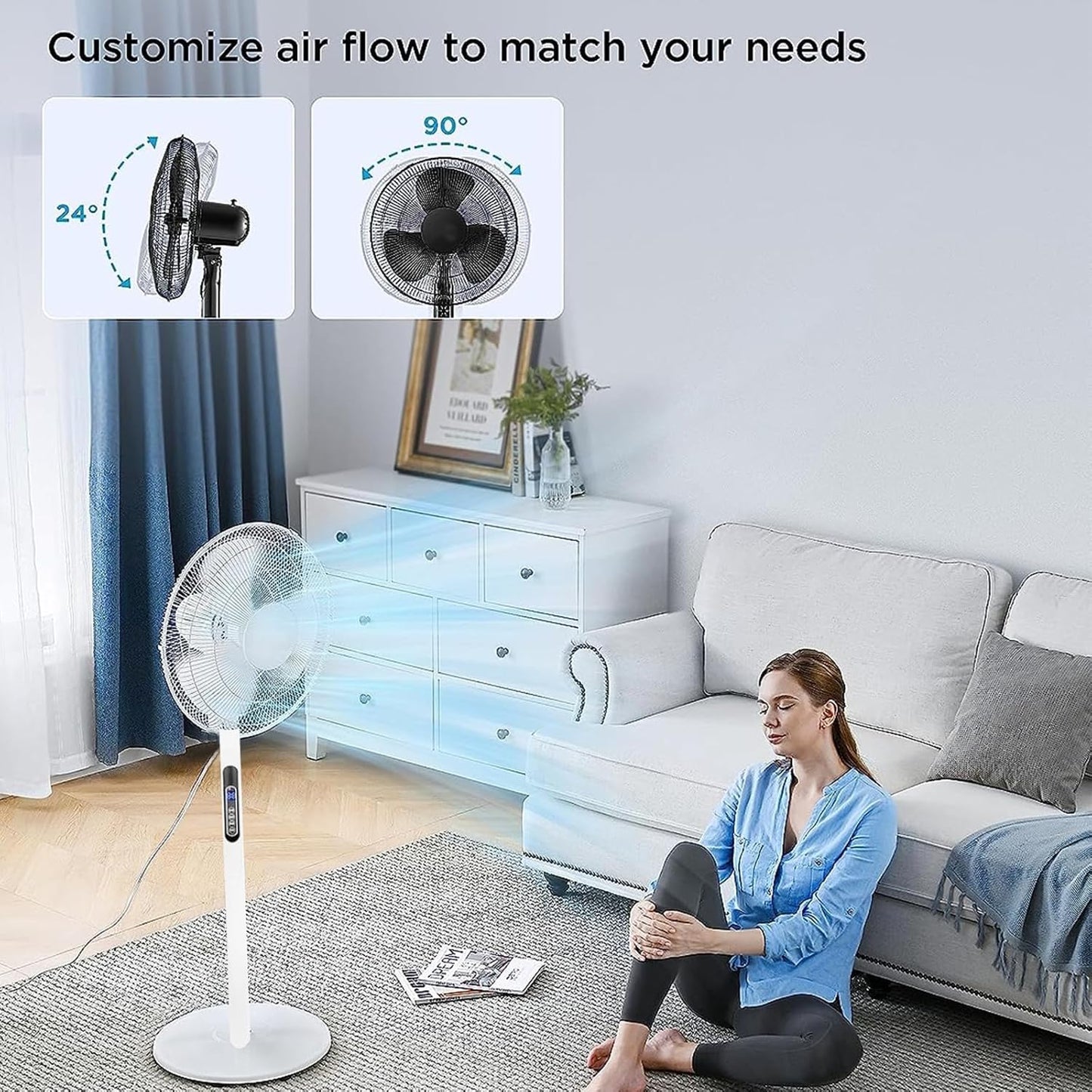 Standing Floor Fan with Tilt & Height Control – 16-Inch Whisper-Quiet Airflow | Smooth Rotation | Perfect for Living Spaces & Studios