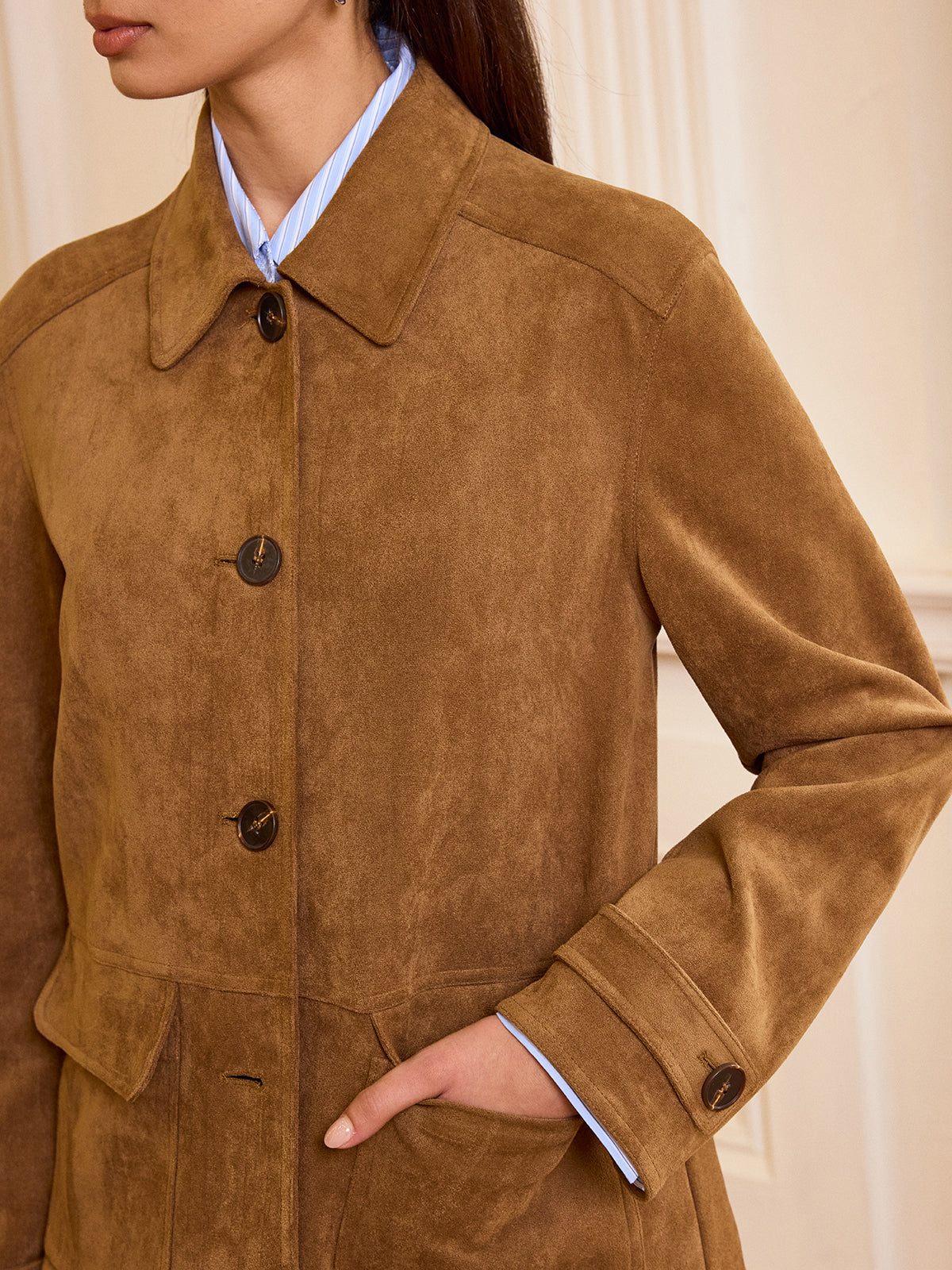Akira | Collared Button-Front Suede Blazer for Women