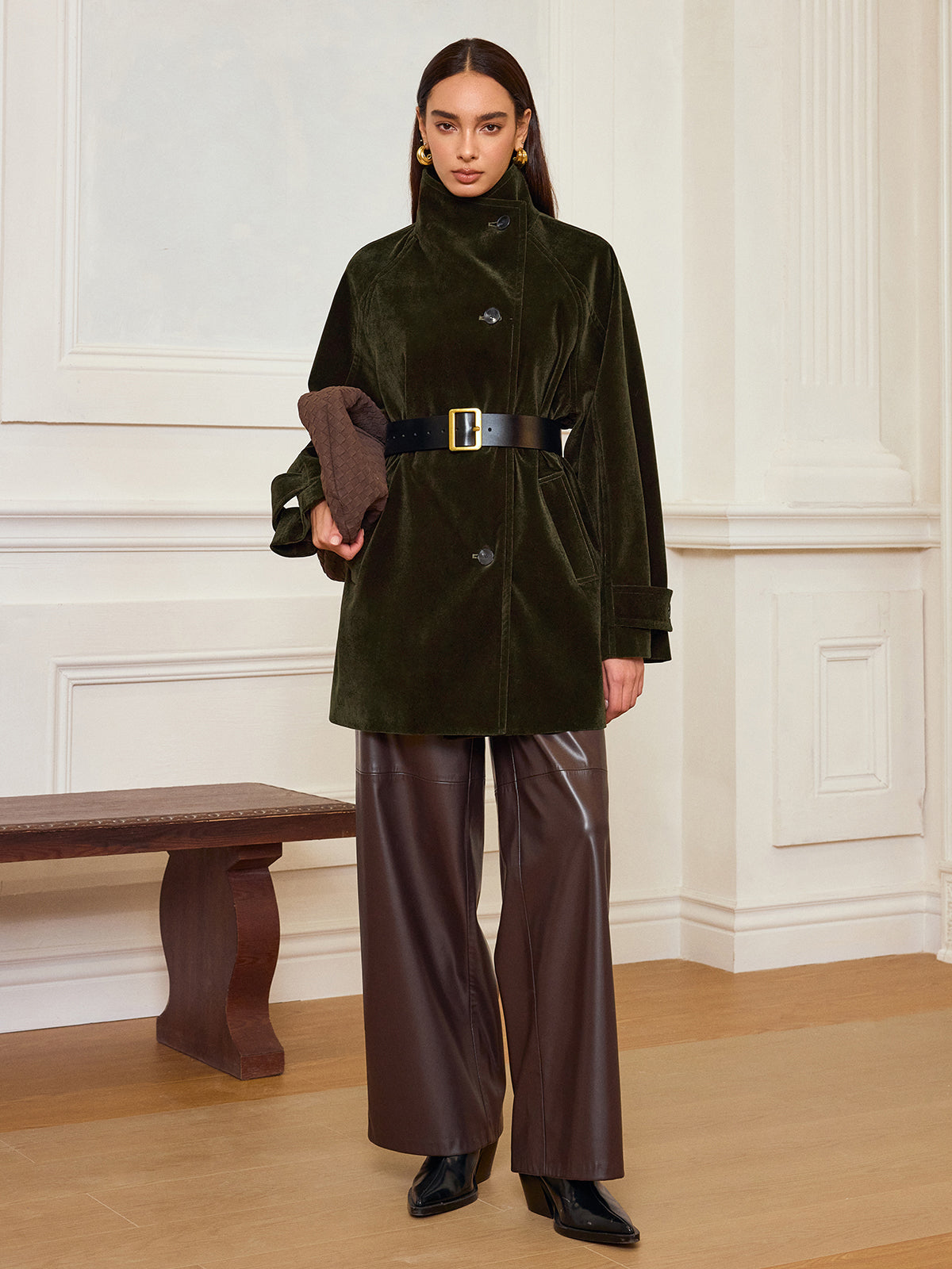 Alexandria | Stylish Pocketed Velvet Coat without Belt