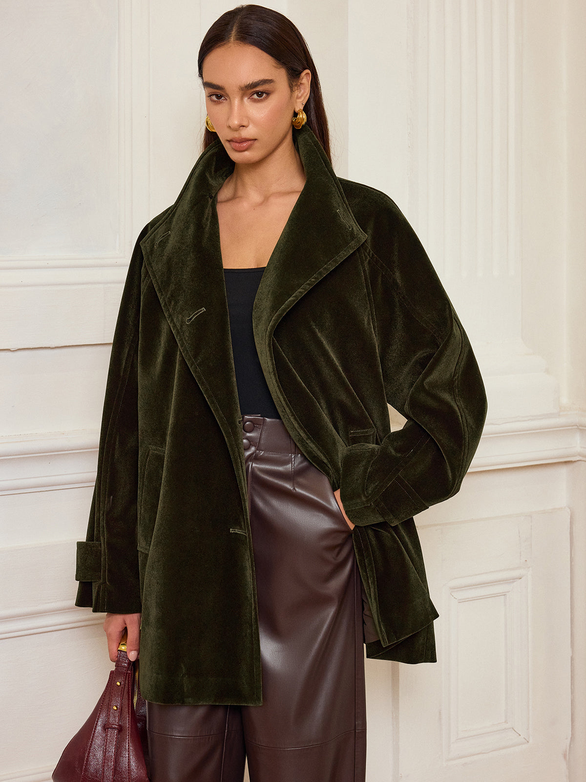 Alexandria | Stylish Pocketed Velvet Coat without Belt