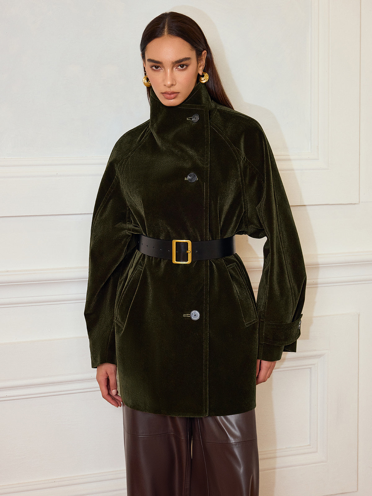 Alexandria | Stylish Pocketed Velvet Coat without Belt