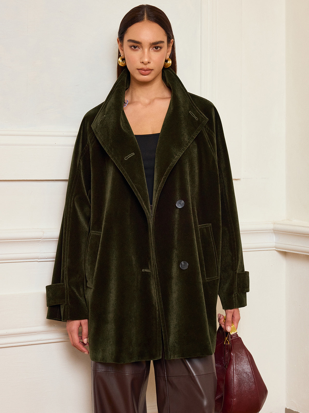Alexandria | Stylish Pocketed Velvet Coat without Belt
