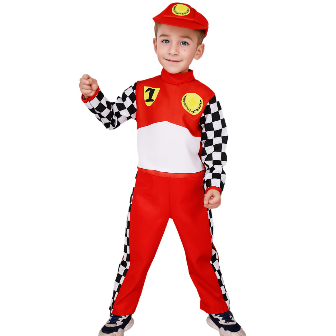 Boys’ Halloween Racing Outfit | Fun Checkered Long Sleeve Jumpsuit