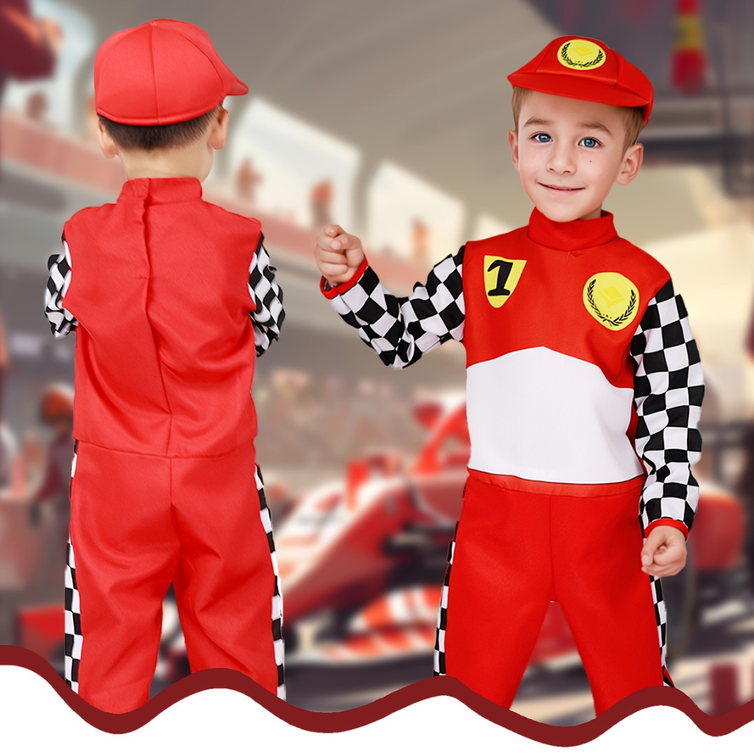 Boys’ Halloween Racing Outfit | Fun Checkered Long Sleeve Jumpsuit