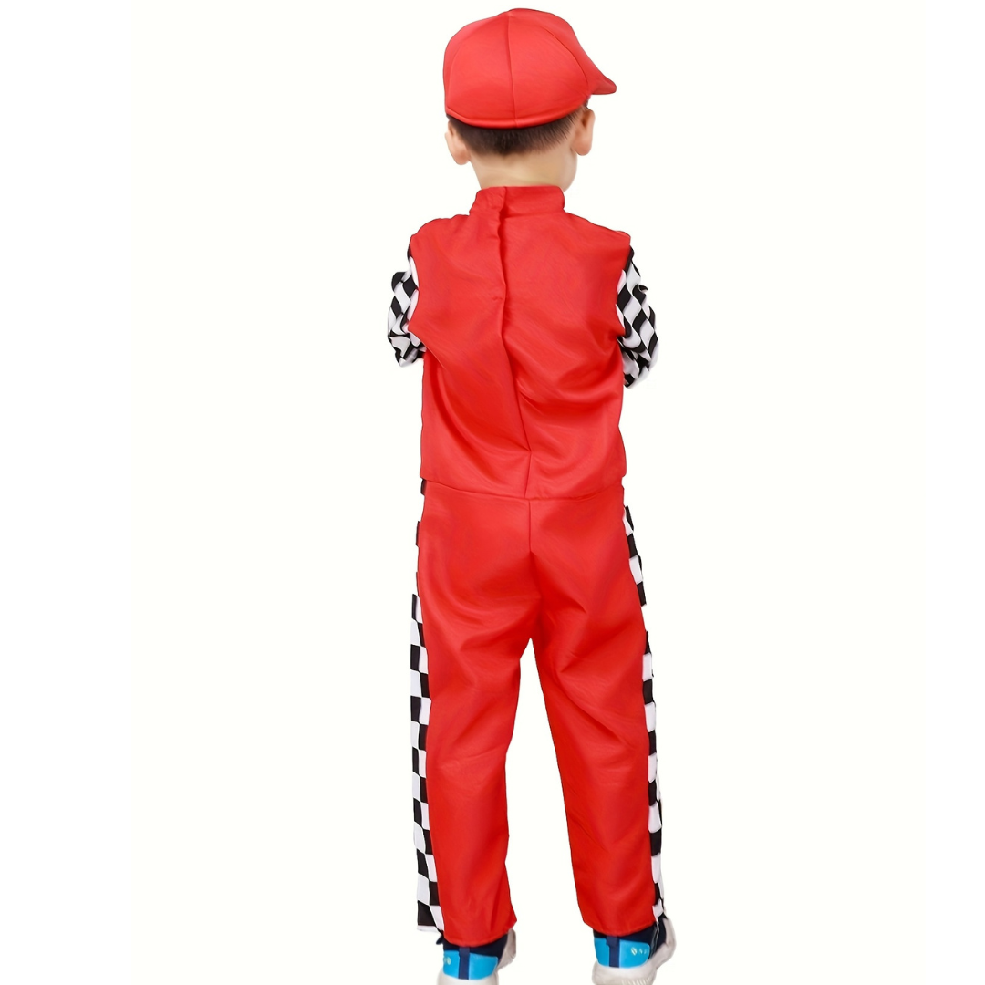 Boys’ Halloween Racing Outfit | Fun Checkered Long Sleeve Jumpsuit