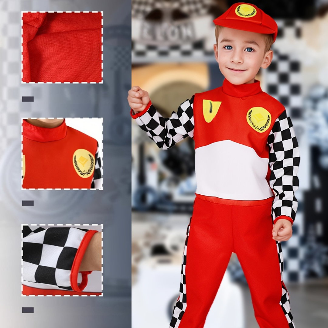 Boys’ Halloween Racing Outfit | Fun Checkered Long Sleeve Jumpsuit