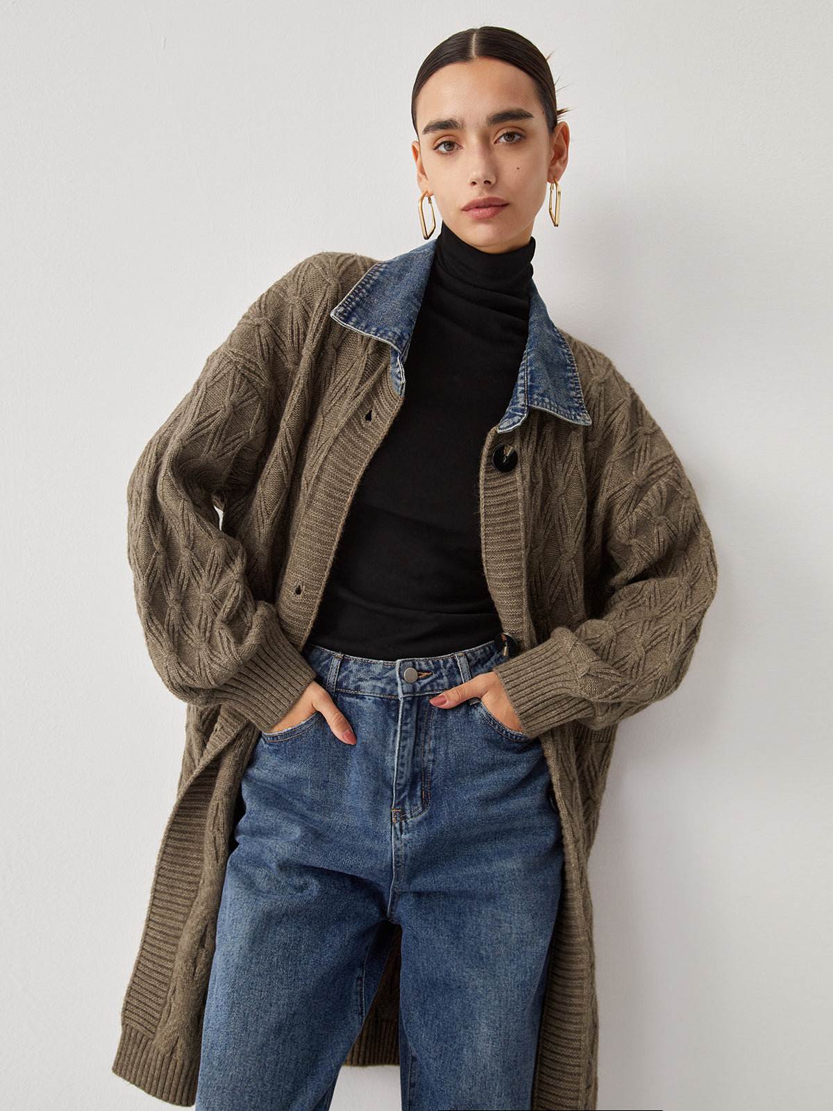 Cail | Elegant Diamond Stitch Knitting Longline Cardigan