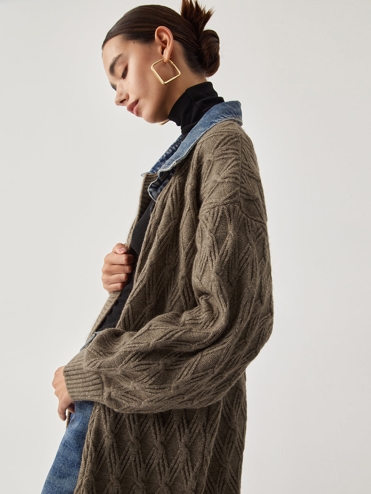 Cail | Elegant Diamond Stitch Knitting Longline Cardigan