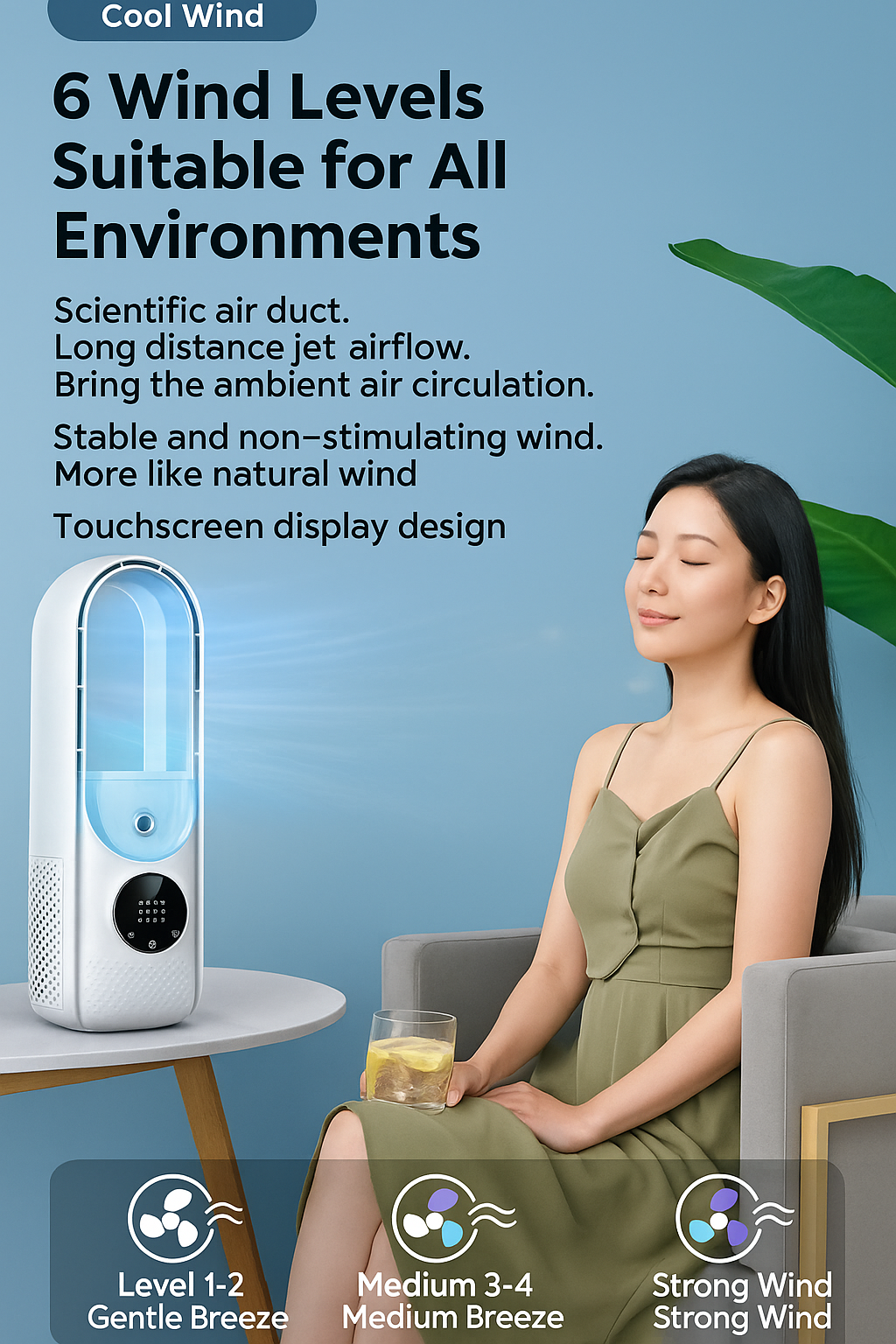 SilentBreeze Air Cooler – A bladeless USB fan with 6 levels, a timer, and humidification, operating quietly.