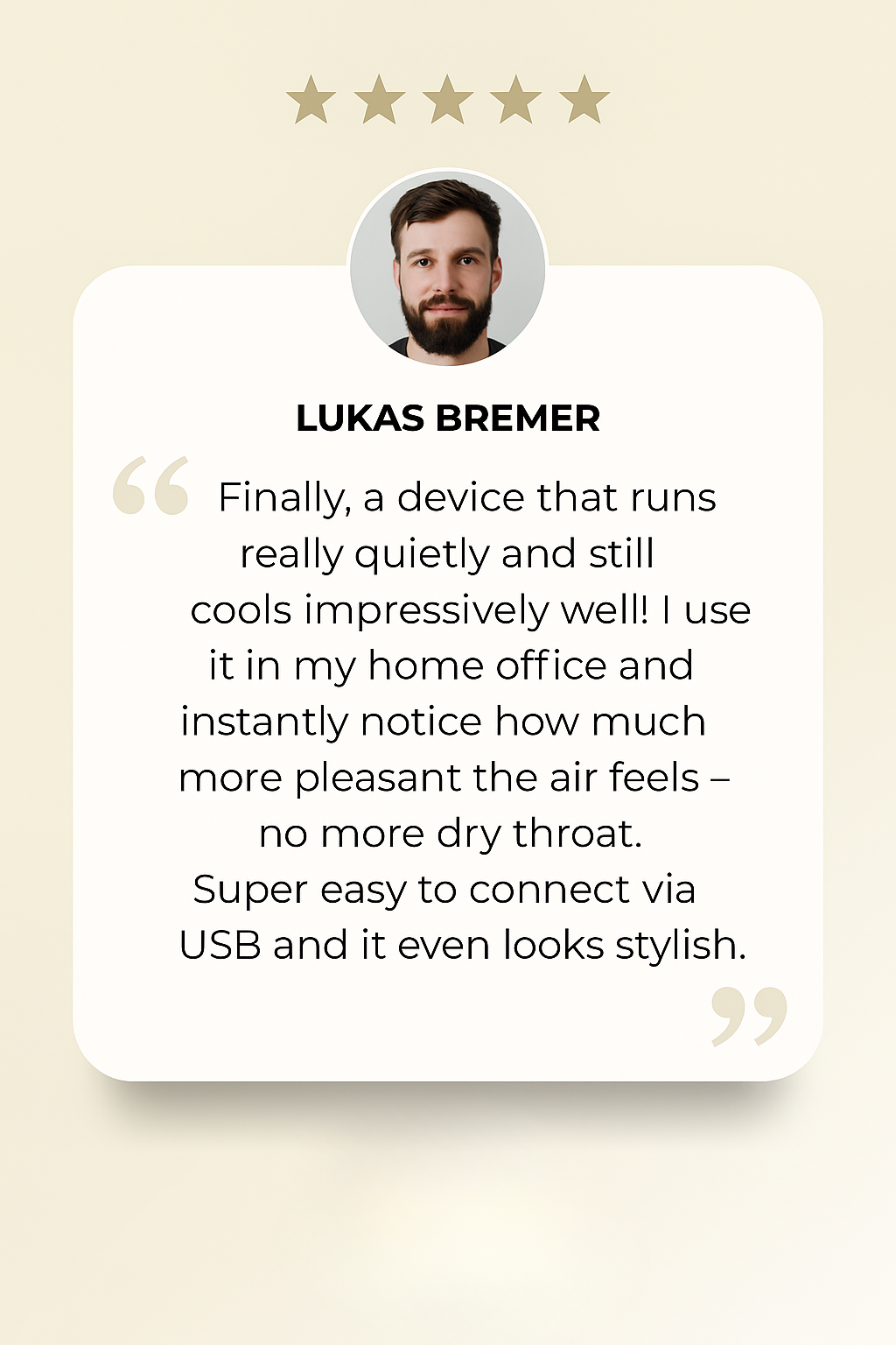 SilentBreeze Air Cooler – A bladeless USB fan with 6 levels, a timer, and humidification, operating quietly.