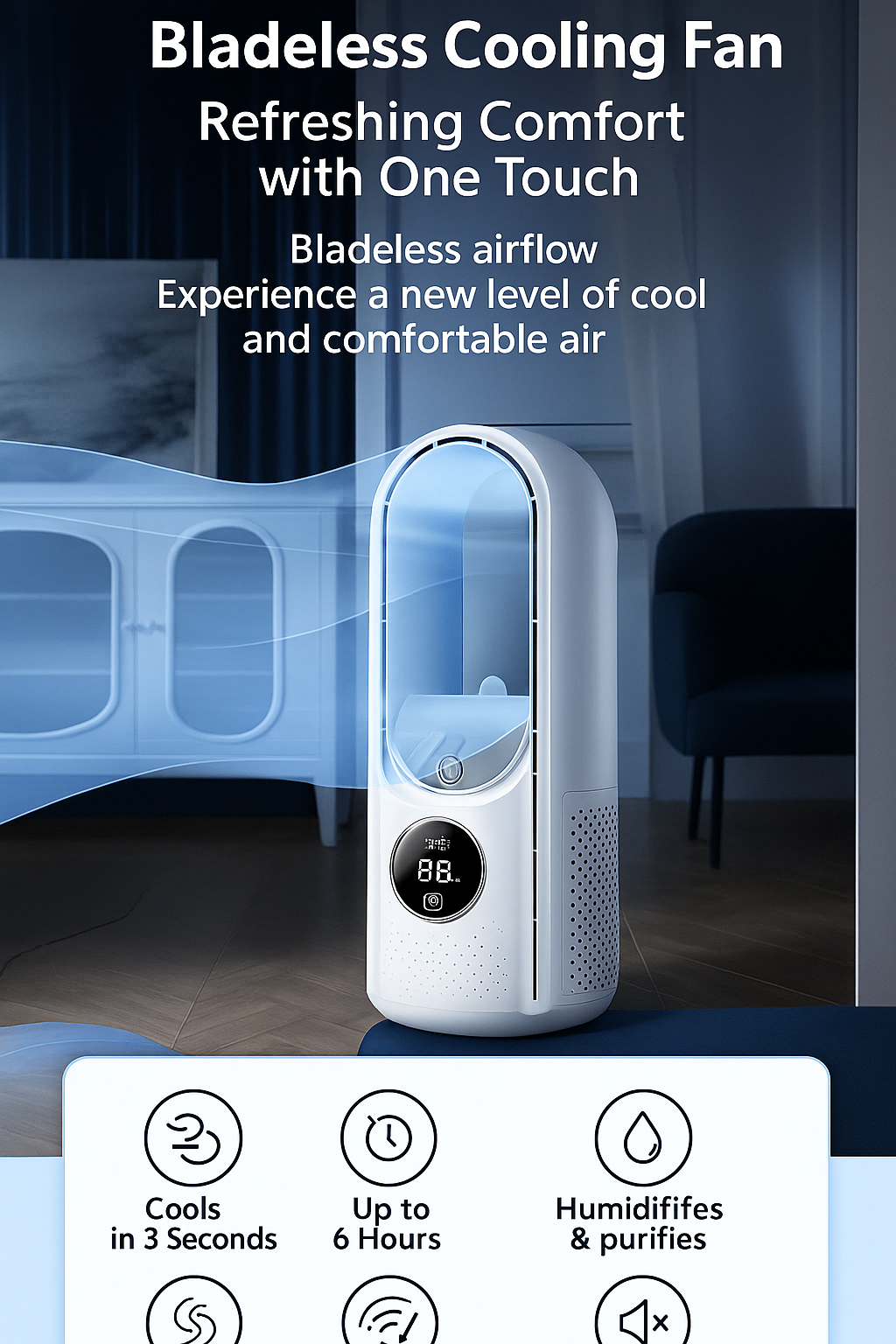 SilentBreeze Air Cooler – A bladeless USB fan with 6 levels, a timer, and humidification, operating quietly.