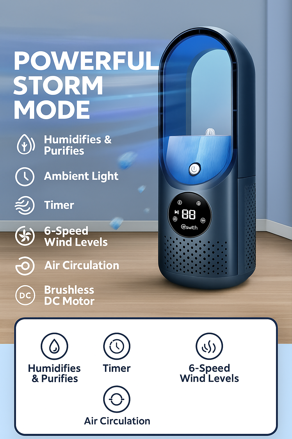 SilentBreeze Air Cooler – A bladeless USB fan with 6 levels, a timer, and humidification, operating quietly.