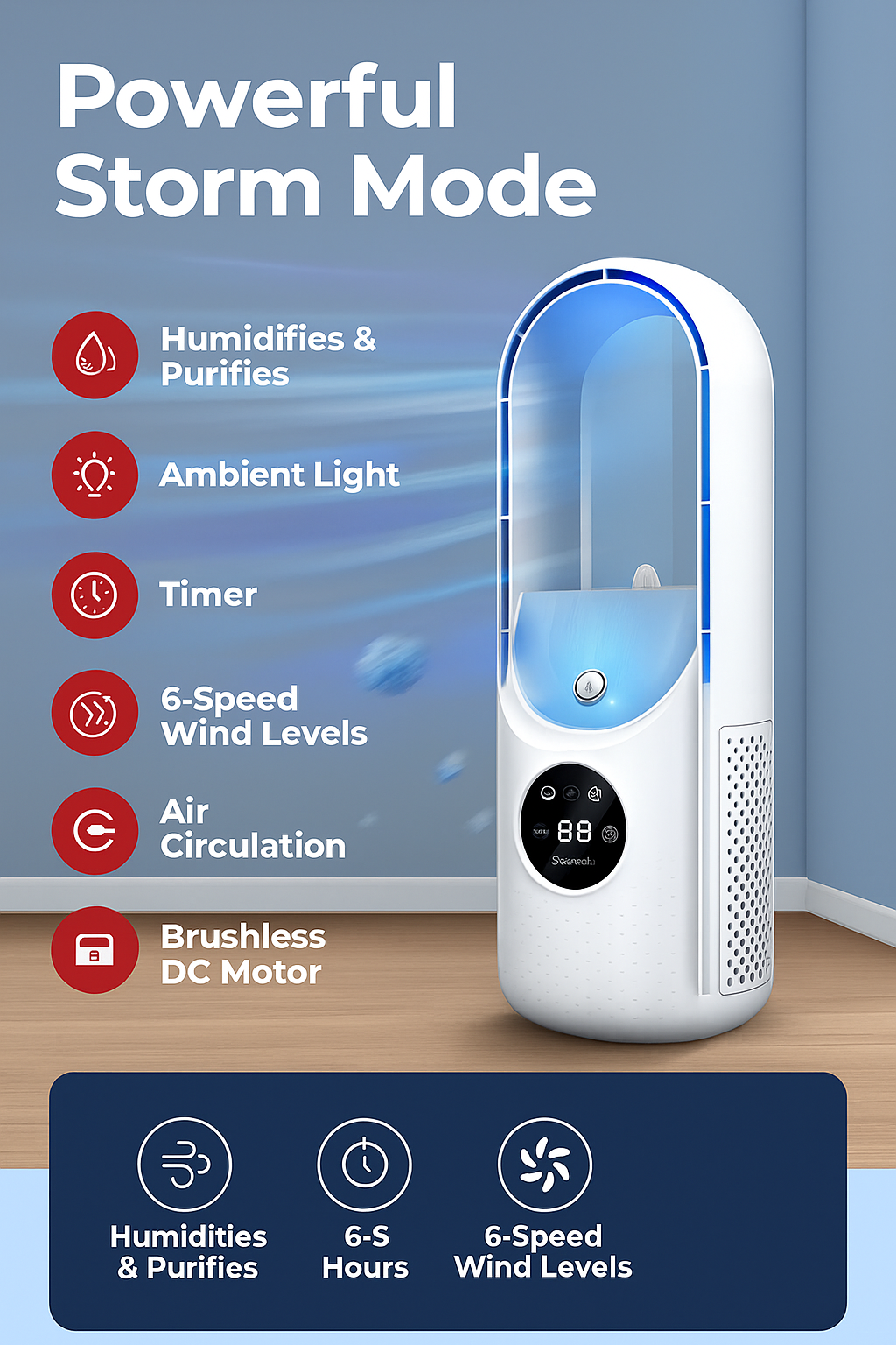 SilentBreeze Air Cooler – A bladeless USB fan with 6 levels, a timer, and humidification, operating quietly.