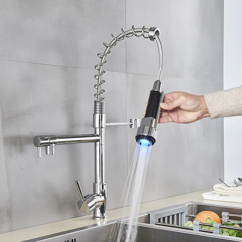 LumiFlow Spring Faucet – Chrome LED Kitchen Faucet with a Flexible Spring Spout and Colour-Changing Technology, featuring a Single Handle design for your kitchen sink.