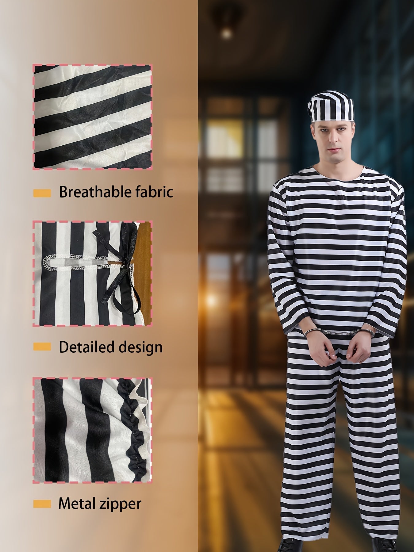 Classic Prisoner Halloween Costume Set | Striped Inmate Long Sleeve Outfit