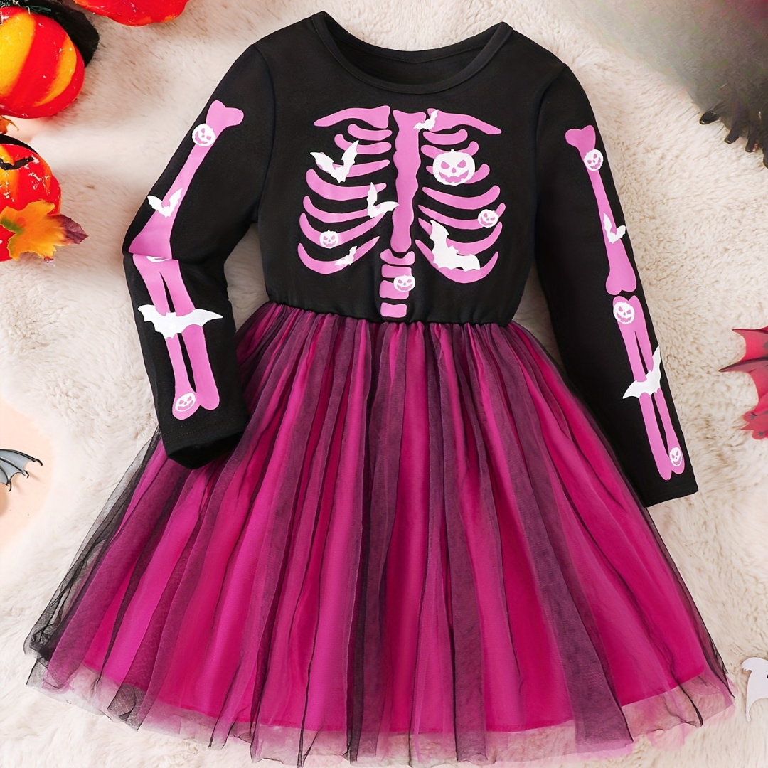 Girls’ Skeleton Halloween Dress | Long Sleeve Tulle Mini Costume