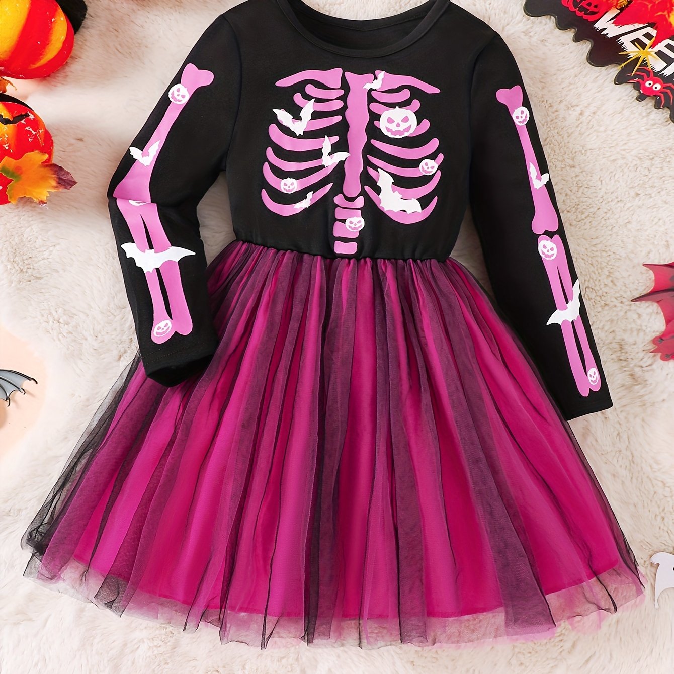 Girls’ Skeleton Halloween Dress | Long Sleeve Tulle Mini Costume