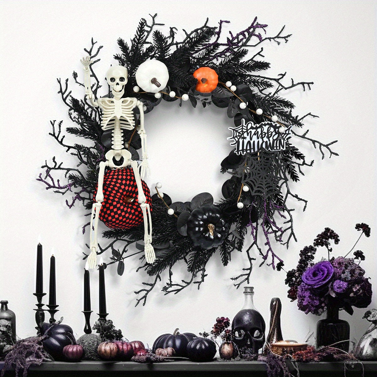 Halloween Gothic Skeleton Wreath – Door Decoration with Pumpkins & Spooky Touches