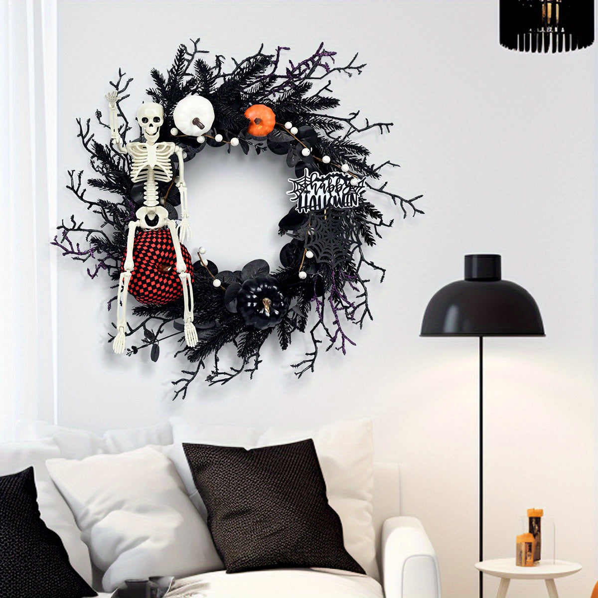 Halloween Gothic Skeleton Wreath – Door Decoration with Pumpkins & Spooky Touches