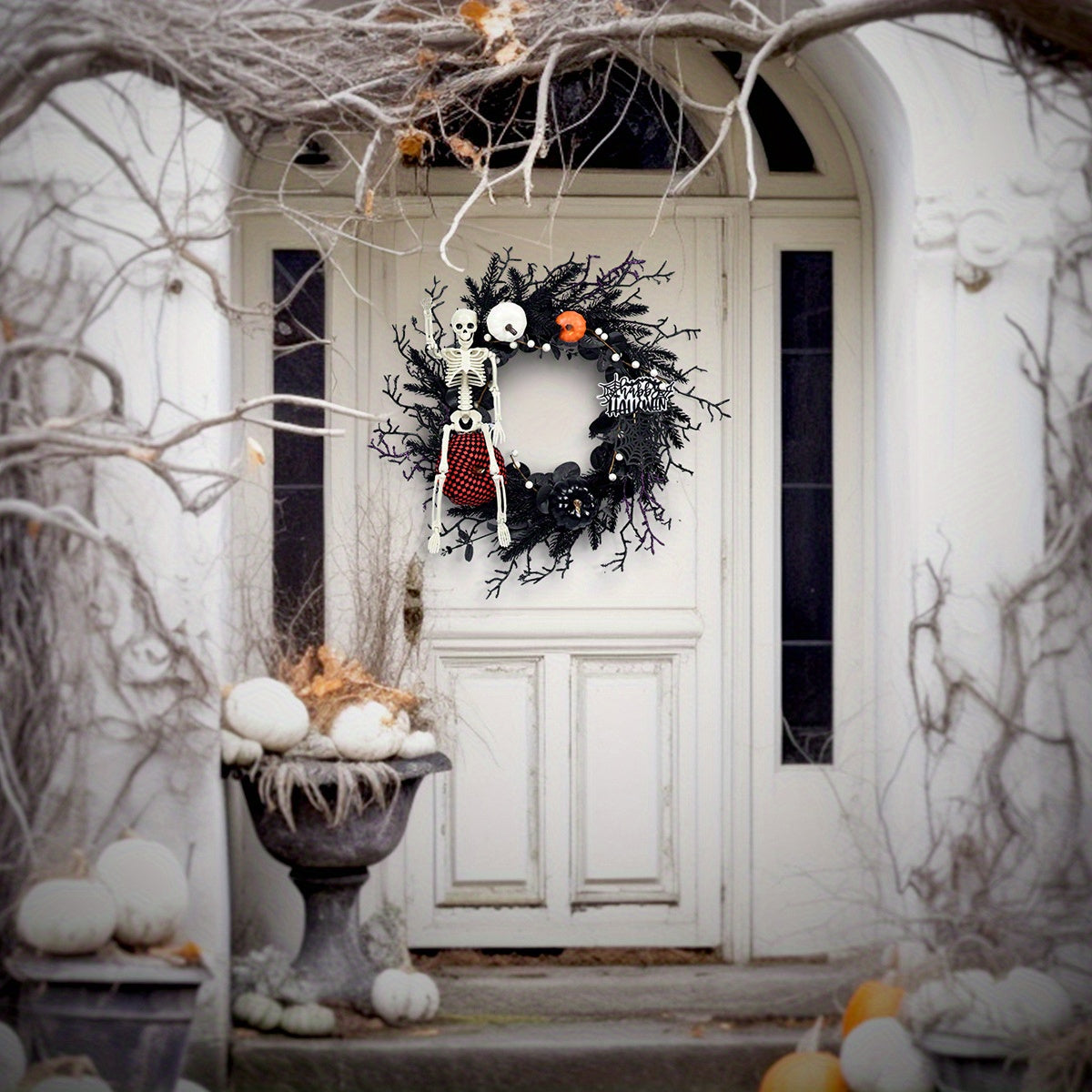 Halloween Gothic Skeleton Wreath – Door Decoration with Pumpkins & Spooky Touches