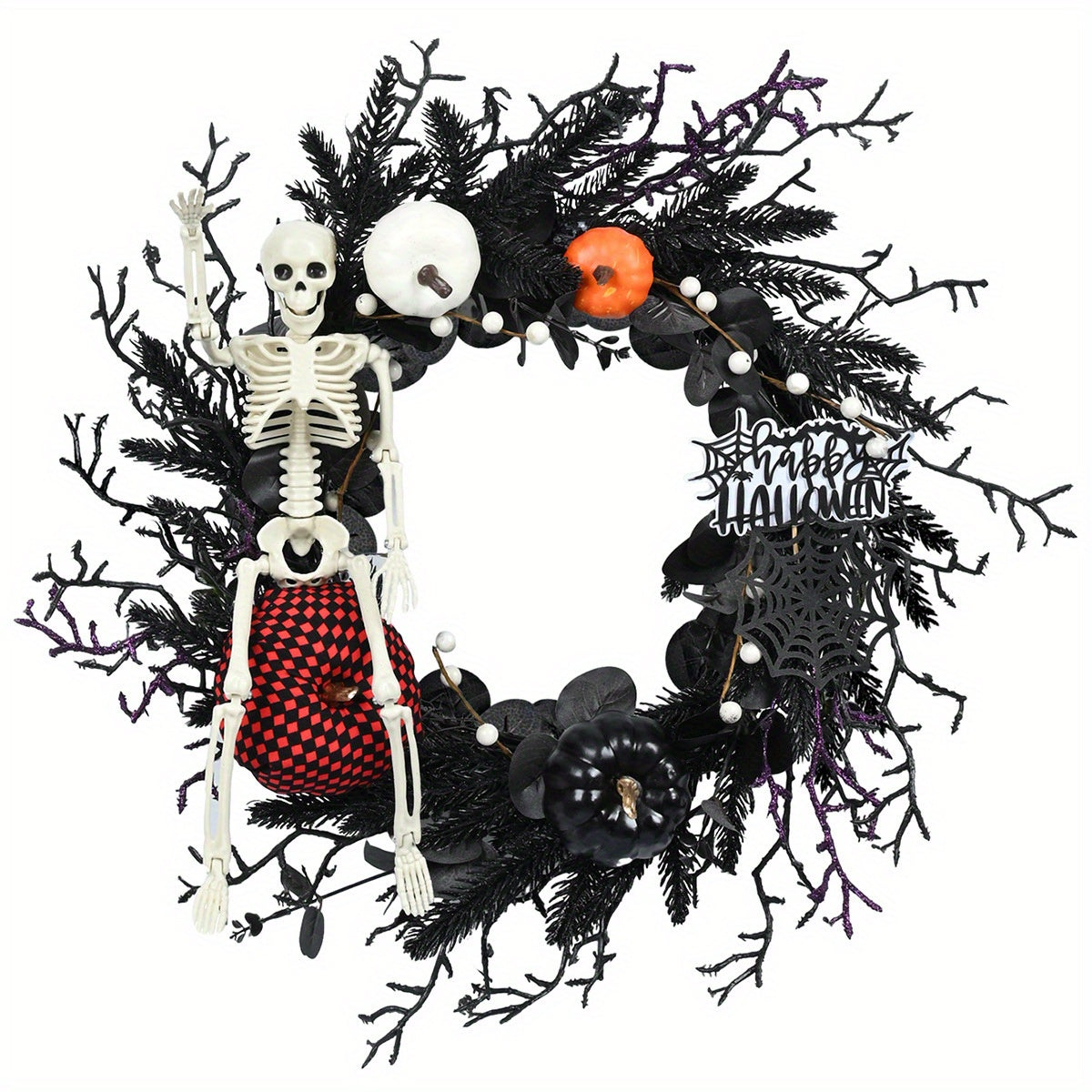 Halloween Gothic Skeleton Wreath – Door Decoration with Pumpkins & Spooky Touches