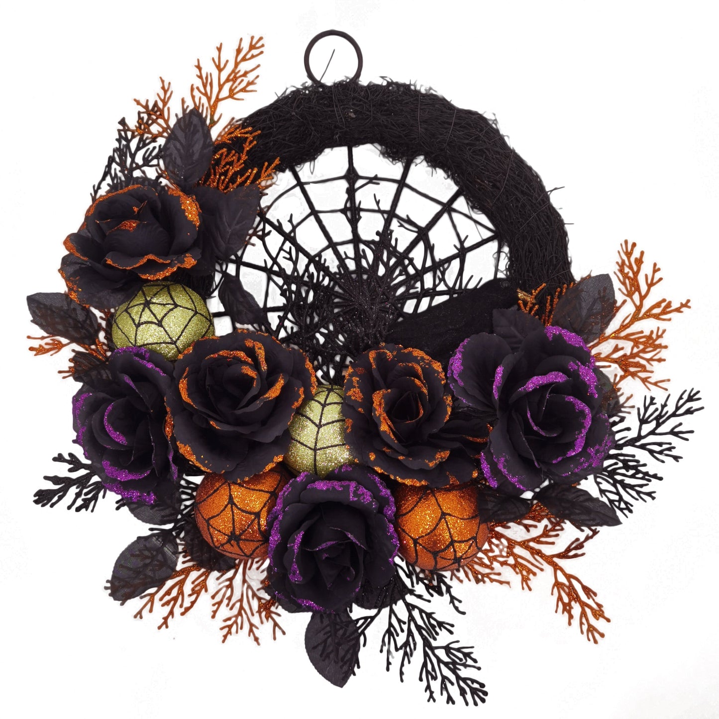 Gothic Halloween Wreath with Black Roses – Spiderweb Front Door Decoration with Glitter Details