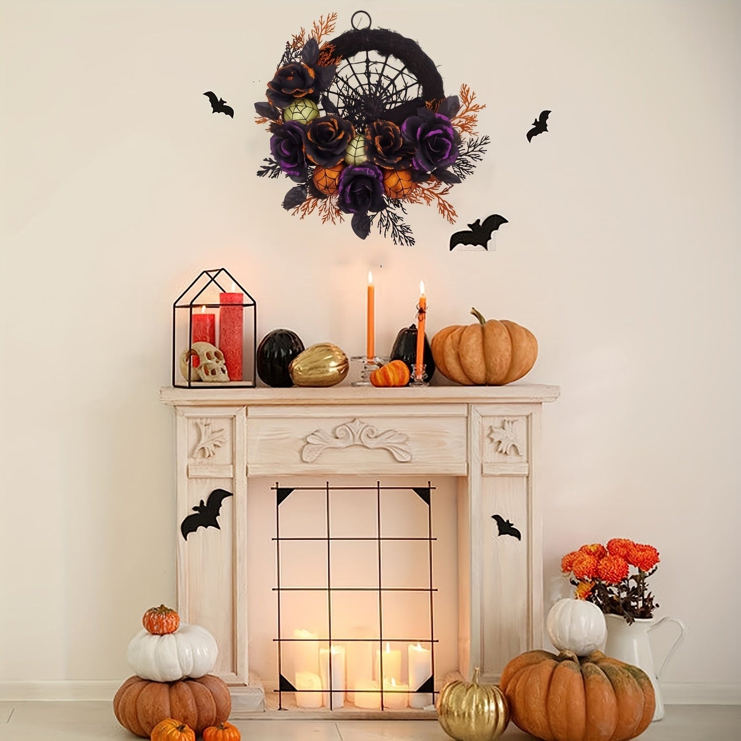 Gothic Halloween Wreath with Black Roses – Spiderweb Front Door Decoration with Glitter Details
