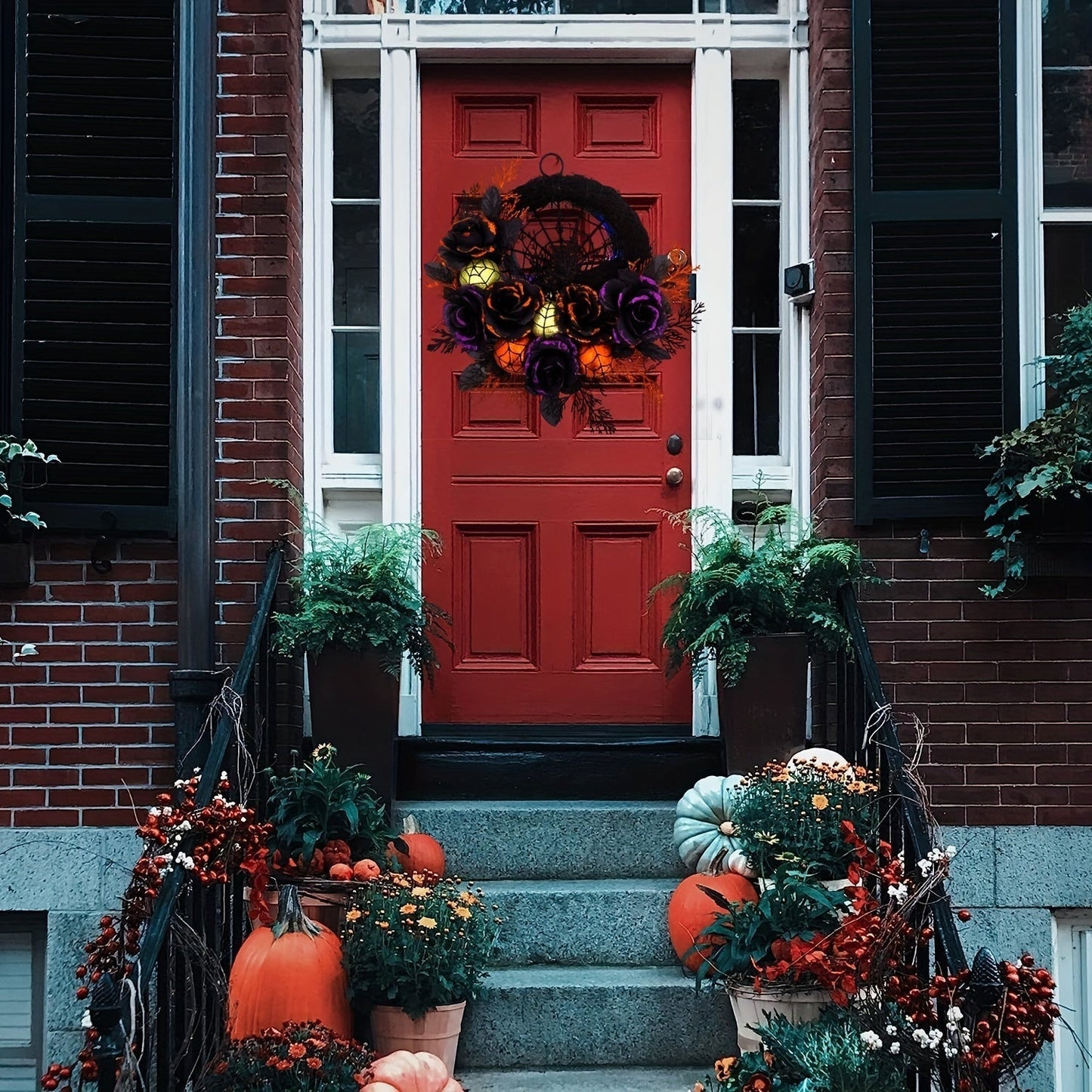 Gothic Halloween Wreath with Black Roses – Spiderweb Front Door Decoration with Glitter Details
