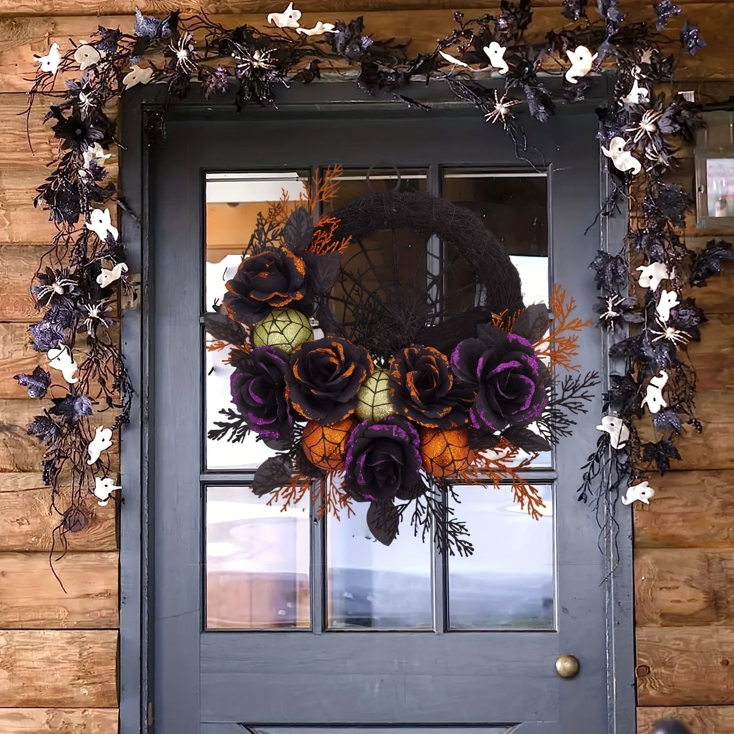 Gothic Halloween Wreath with Black Roses – Spiderweb Front Door Decoration with Glitter Details