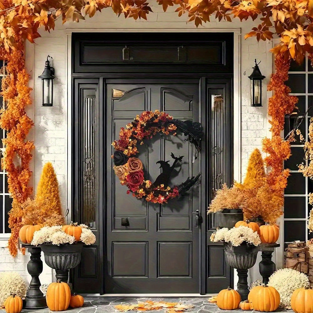 Floral Wreath Rustic Witch – Crescent Moon Halloween Door Decoration