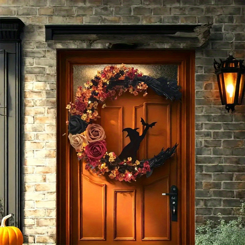 Floral Wreath Rustic Witch – Crescent Moon Halloween Door Decoration