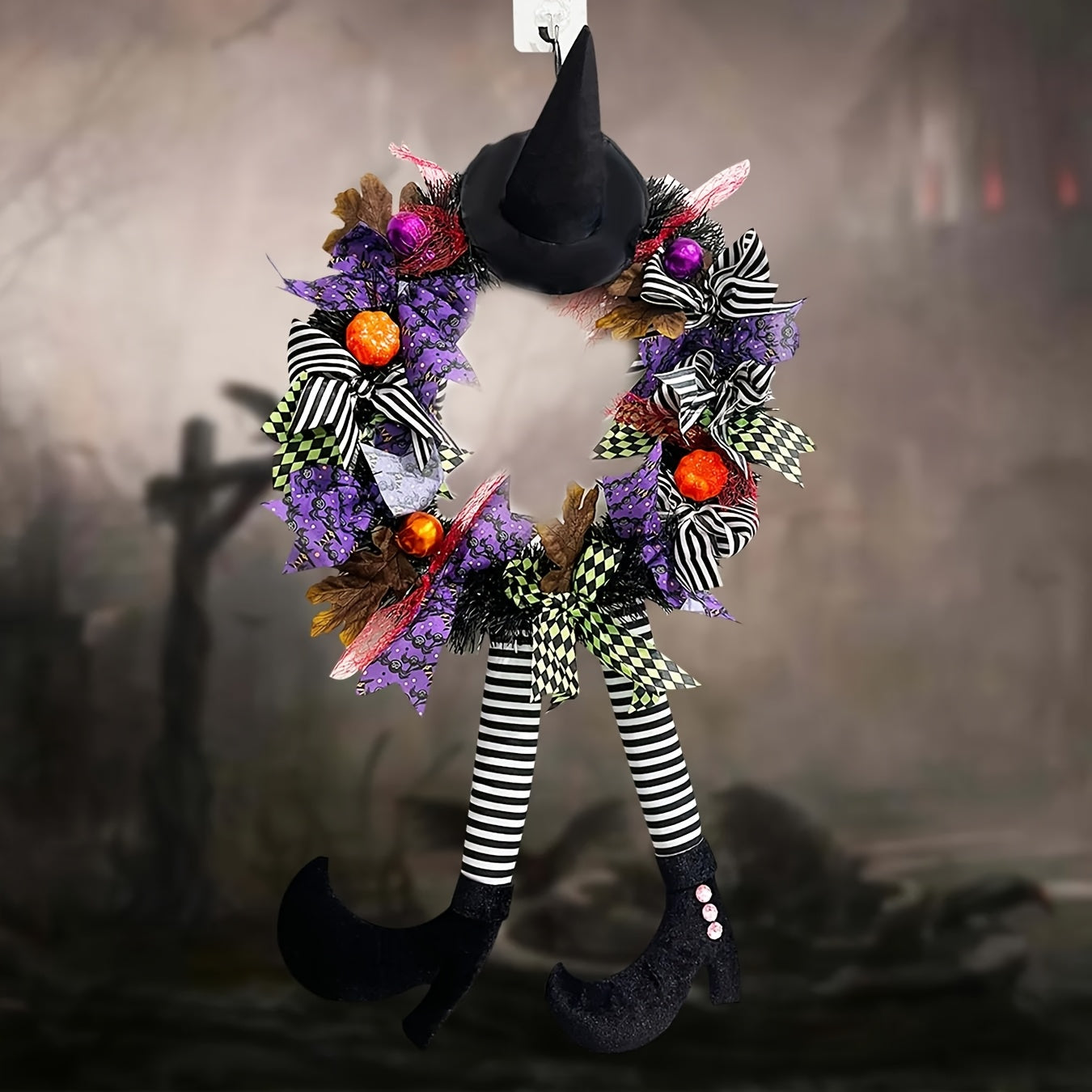 Fun Witch Legs Door Wreath – Whimsical Halloween Decoration