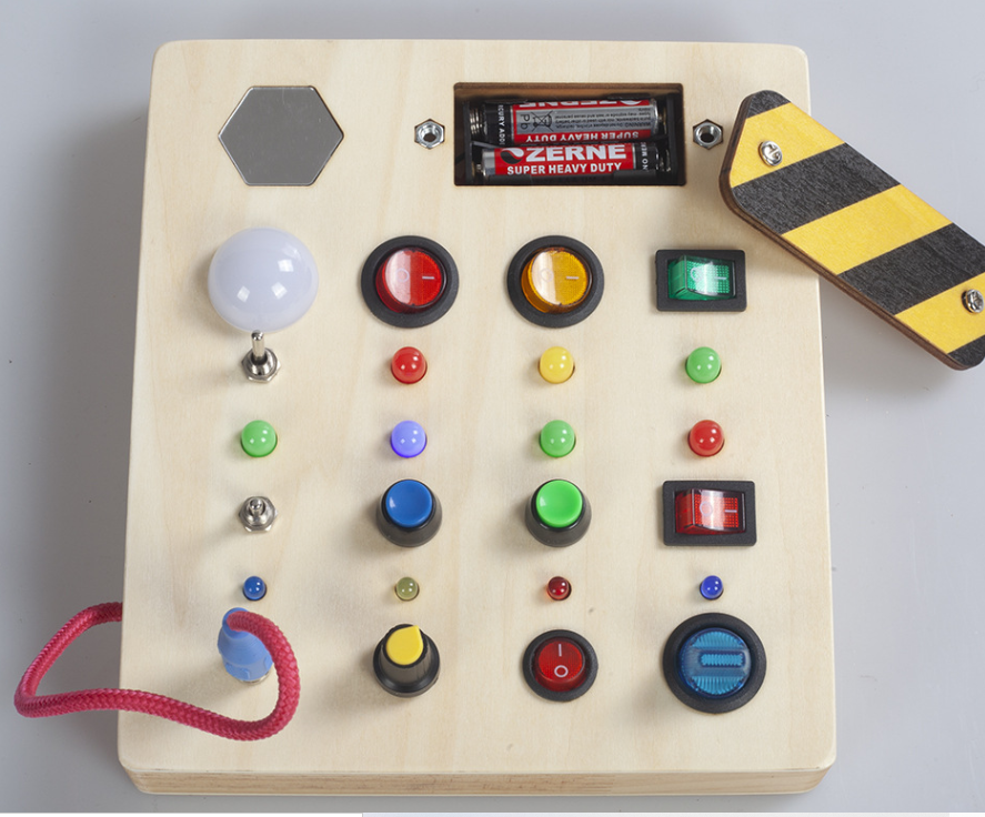 Wooden Montessori Busy Board for Kids – Interactive Sensory Toy with Lights, Buttons, and Switches