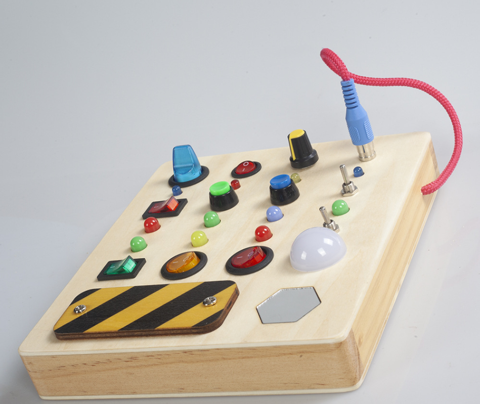 Wooden Montessori Busy Board for Kids – Interactive Sensory Toy with Lights, Buttons, and Switches