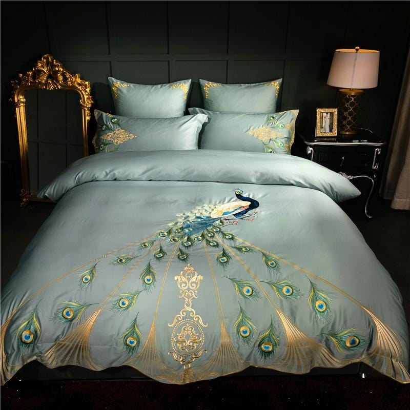 RoyalPlume – Egyptian Cotton Duvet Cover Set with Sophisticated Peacock-Inspired Pattern