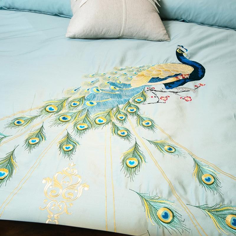 RoyalPlume – Egyptian Cotton Duvet Cover Set with Sophisticated Peacock-Inspired Pattern
