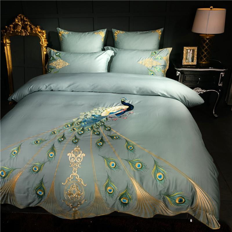 RoyalPlume – Egyptian Cotton Duvet Cover Set with Sophisticated Peacock-Inspired Pattern