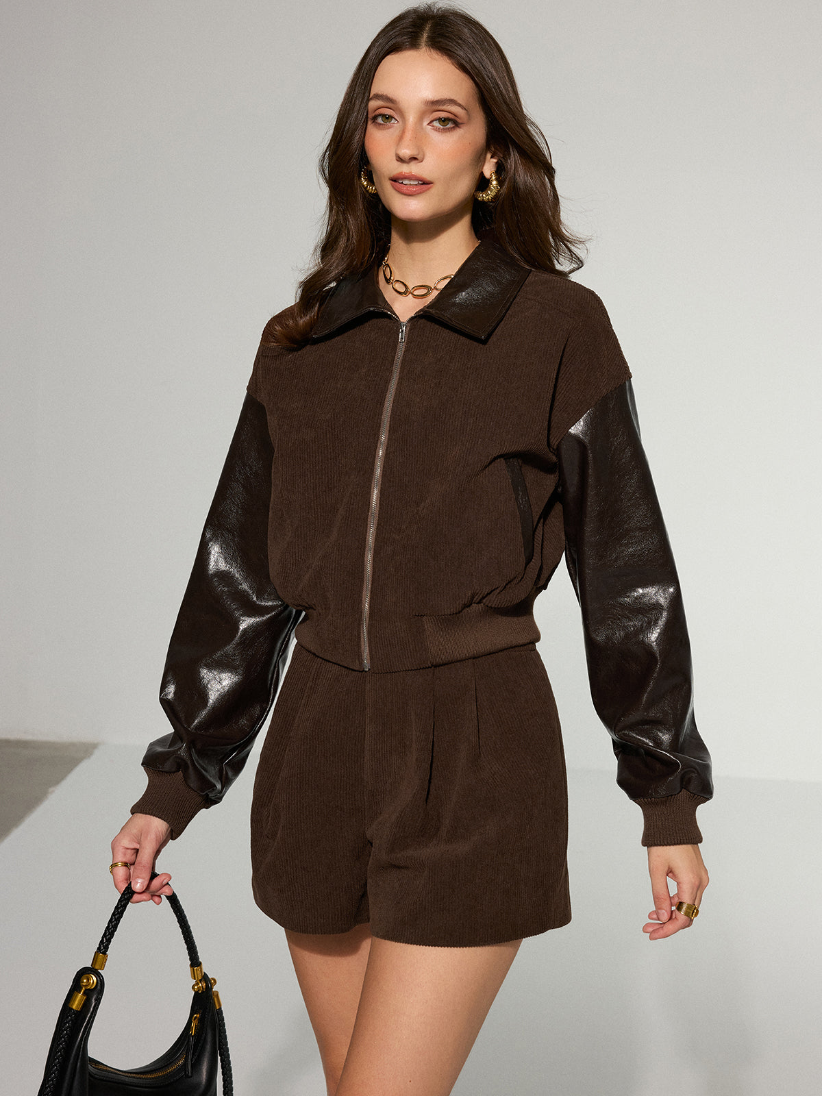 Lyra | Trendy Faux Leather Panel Corduroy Zip-Up Jacket