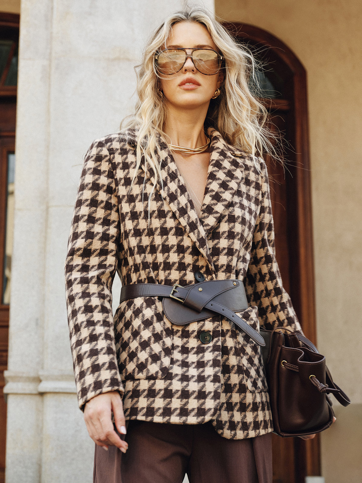 Macie | Classic Houndstooth Belted Blazer