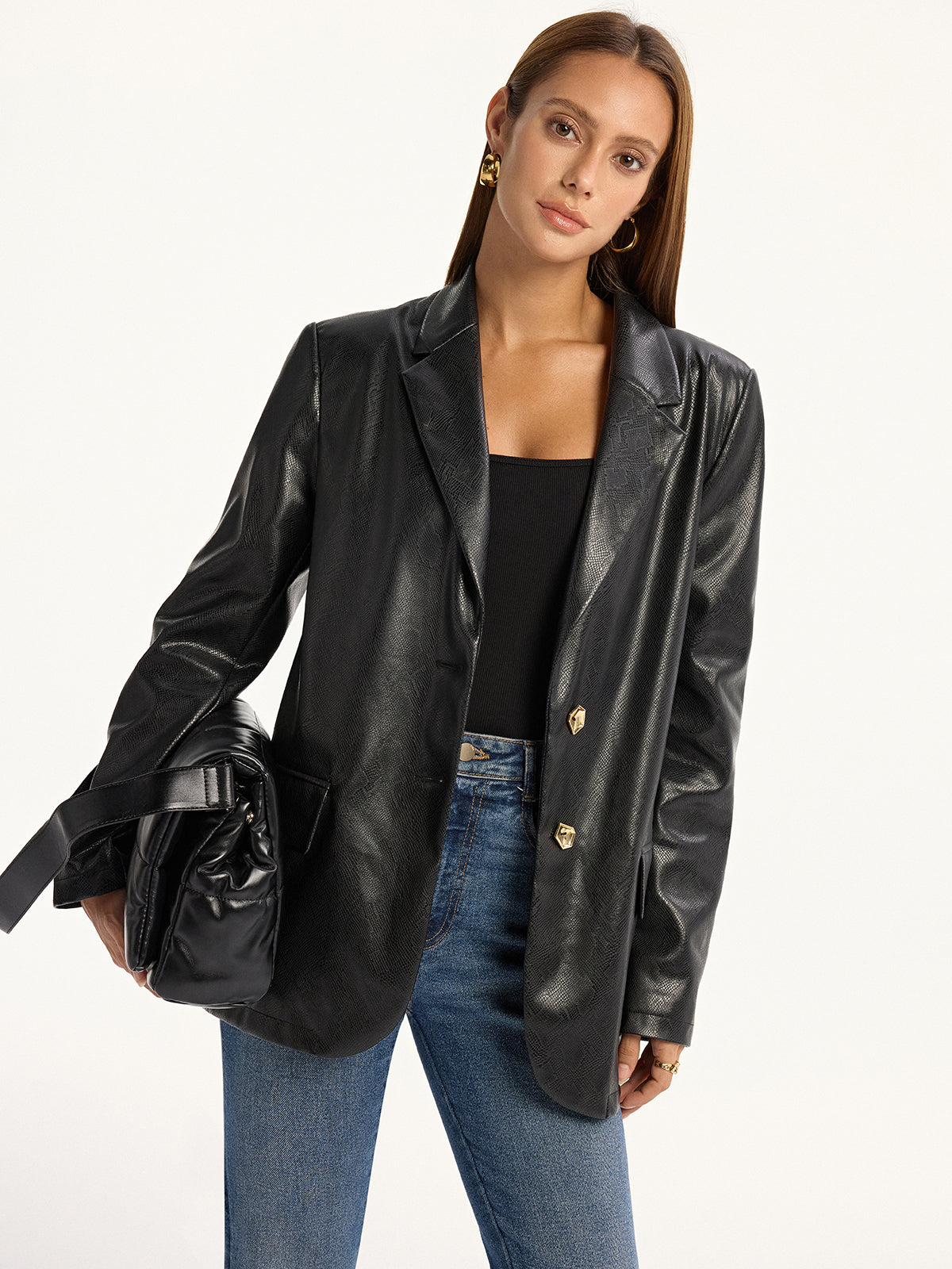 Maddison | Edgy Snake Print Metal Button PU Leather Blazer
