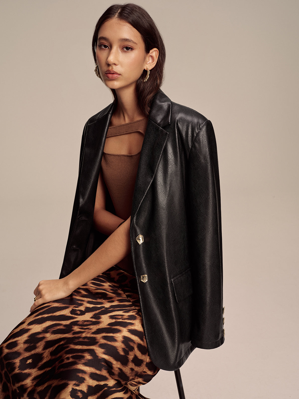 Maddison | Edgy Snake Print Metal Button PU Leather Blazer
