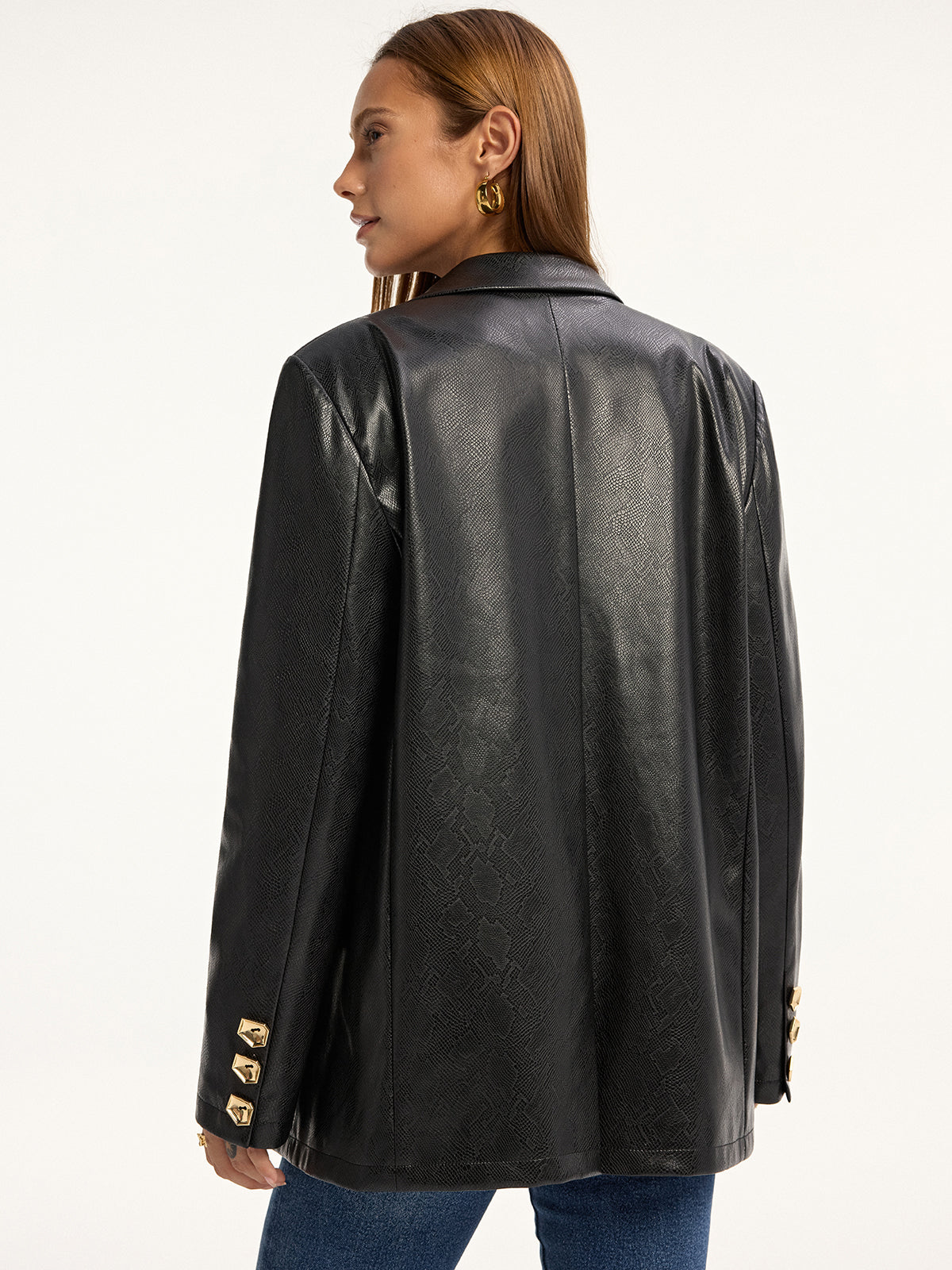 Maddison | Edgy Snake Print Metal Button PU Leather Blazer
