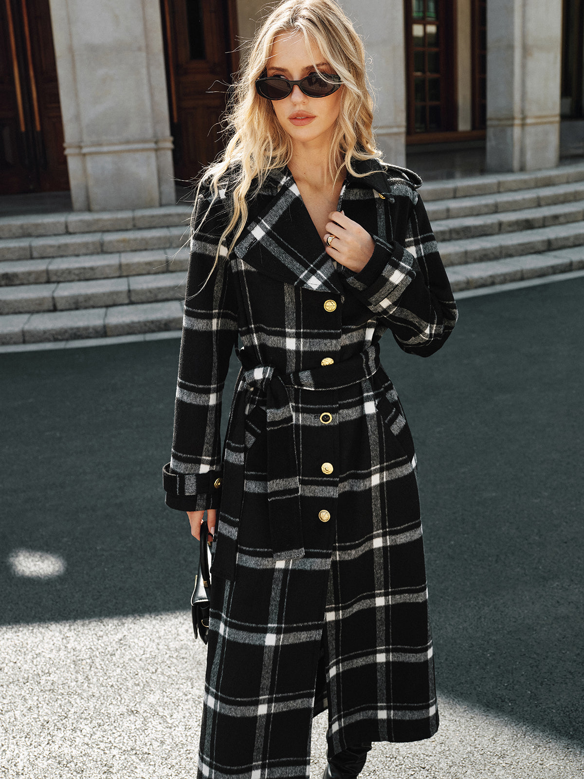 Mazie | Plaid Pattern Belted Long Trench Coat