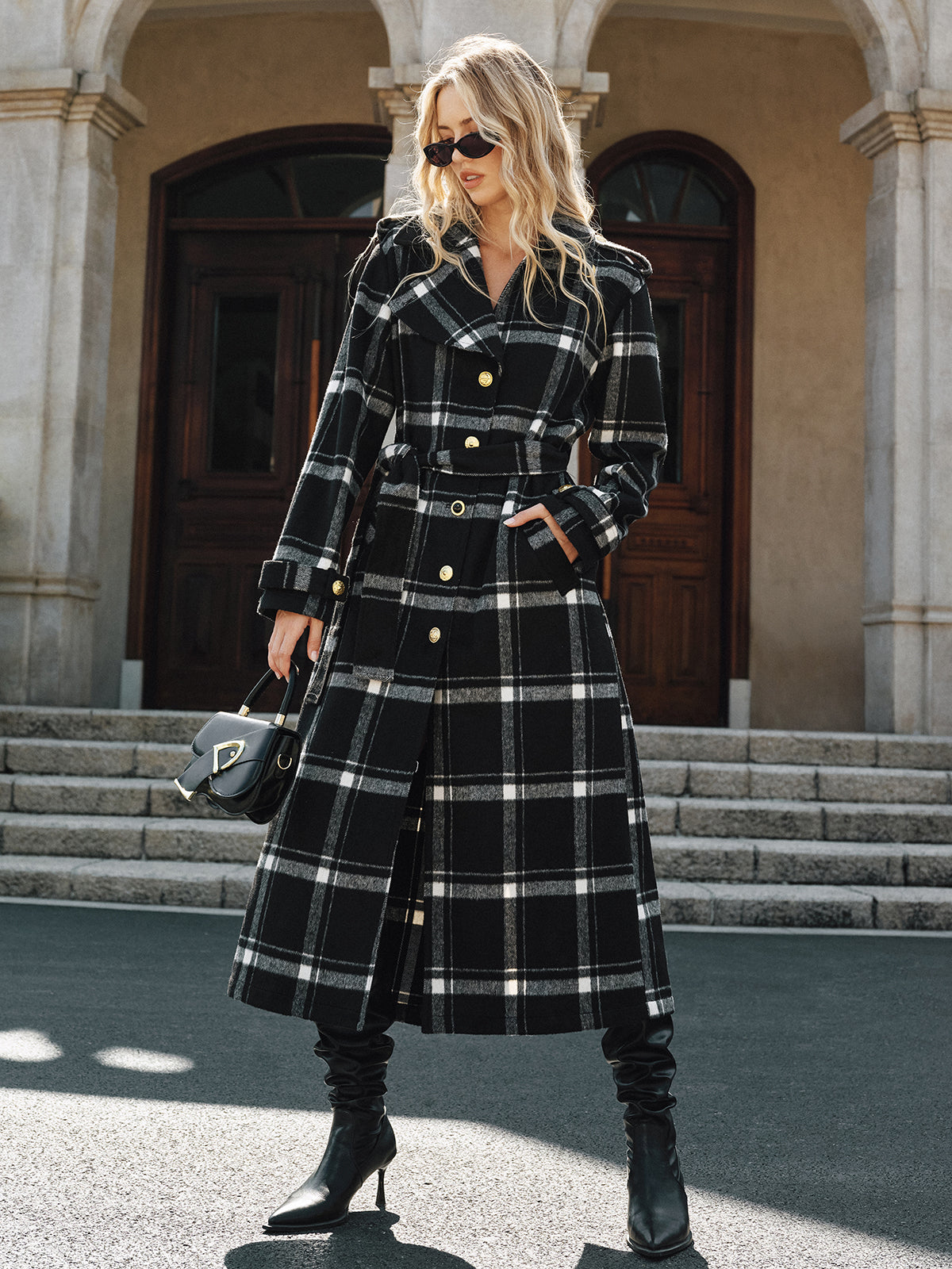 Mazie | Plaid Pattern Belted Long Trench Coat