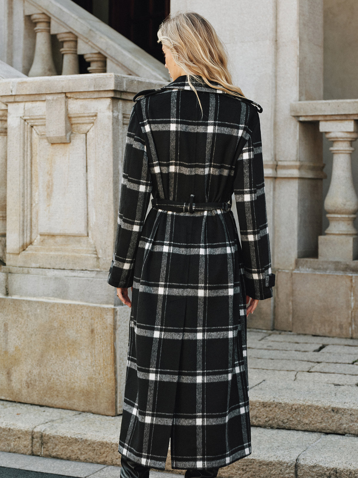 Mazie | Plaid Pattern Belted Long Trench Coat