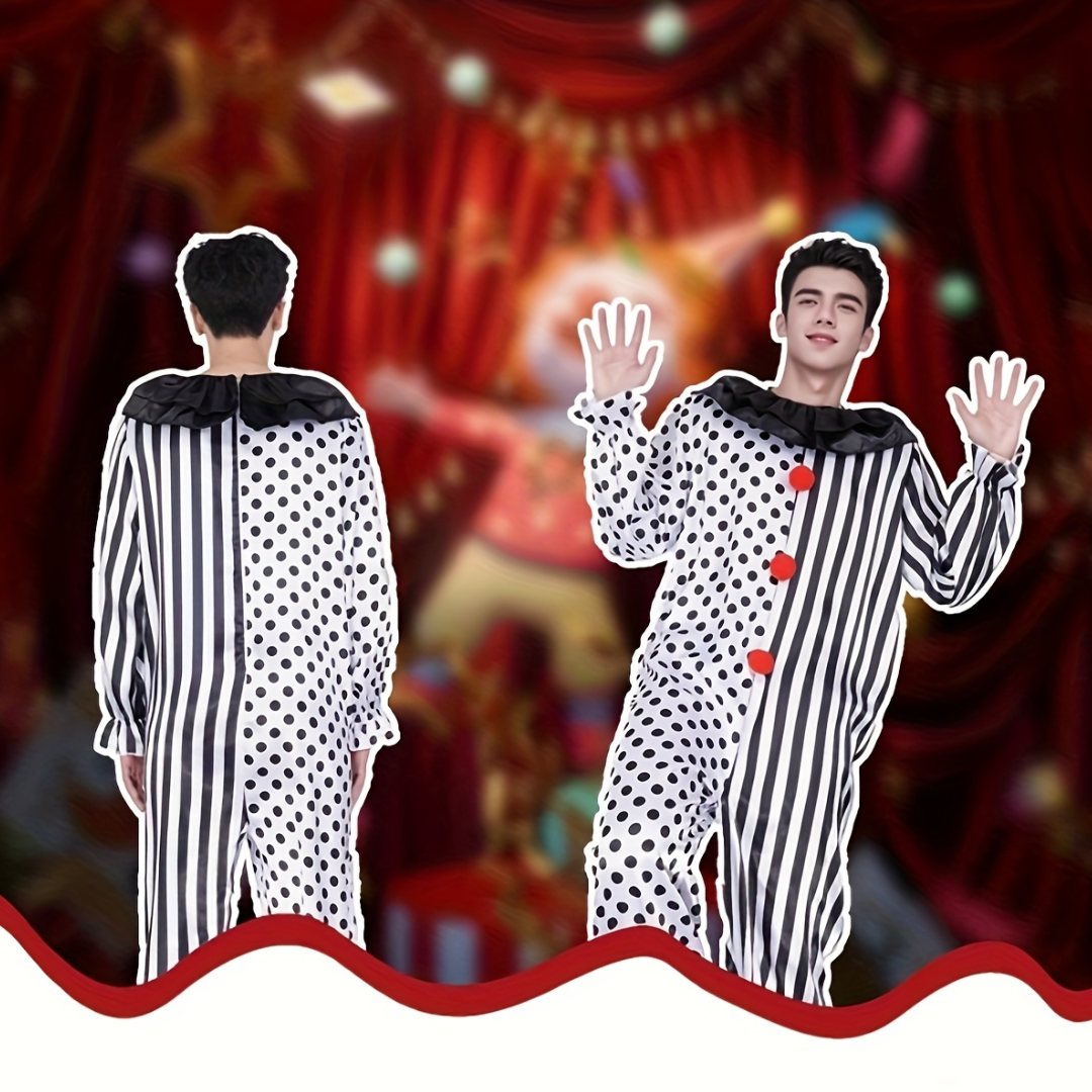 Men’s Polka Dot Striped Clown Costume | Funny Halloween Jumpsuit