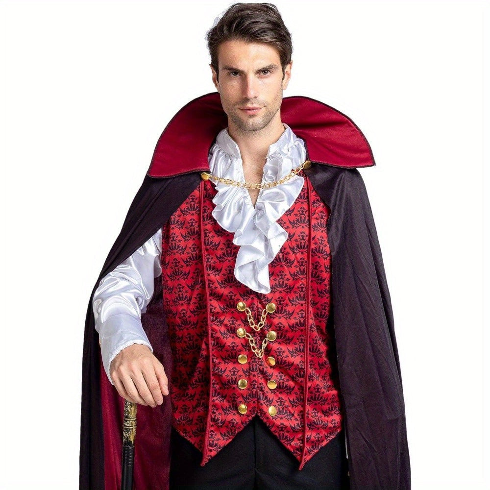 Men’s Vampire Costume for Halloween | Gothic Ruffled Shirt & Long Cape